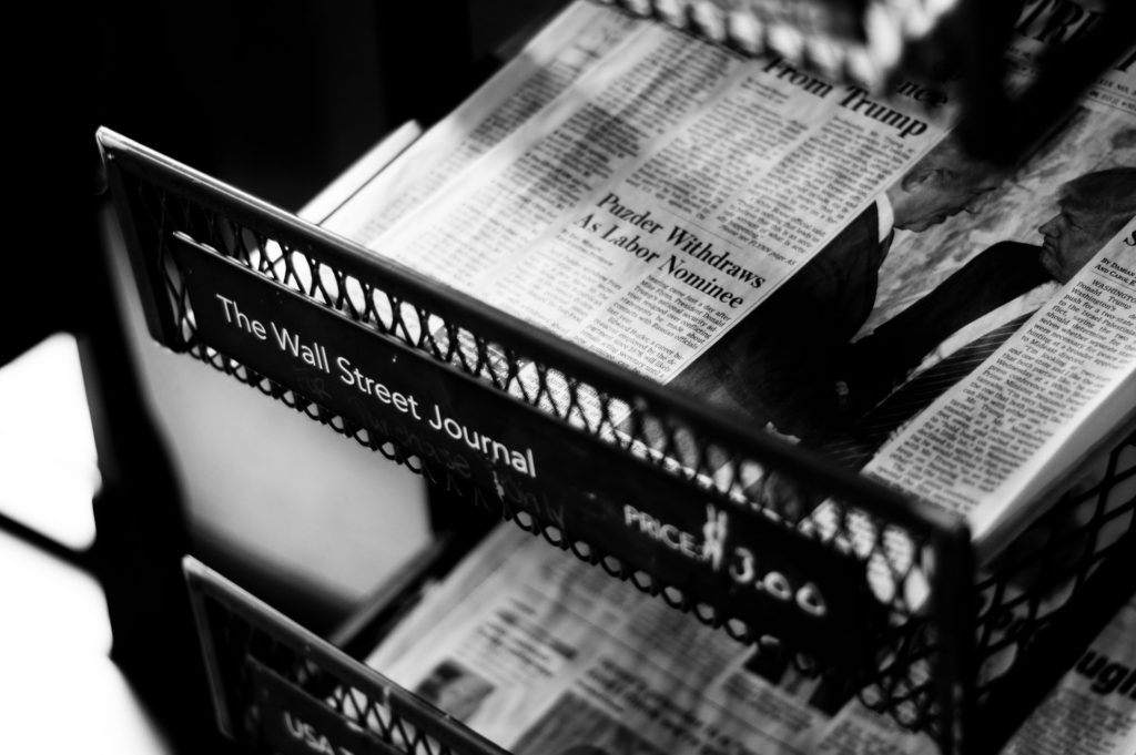 Newspapers on the Wall Street Journal rack