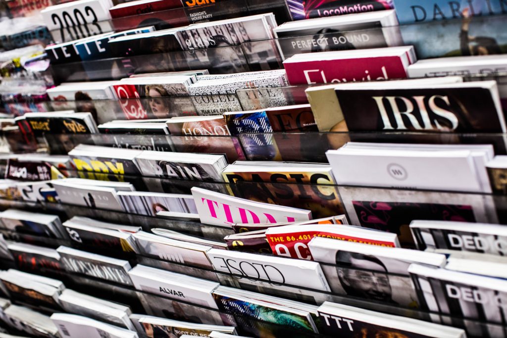 Magazines on rack